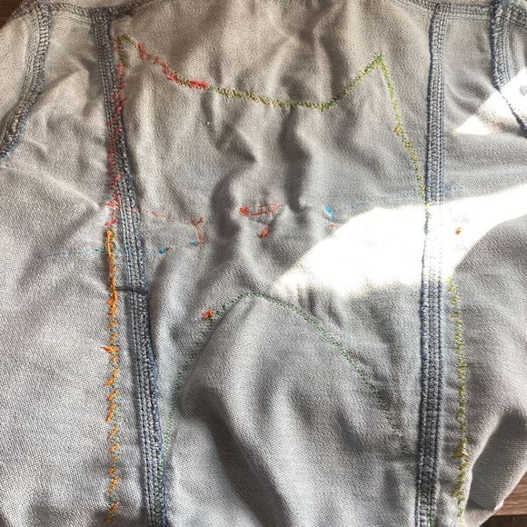 Womens Medium Upcycled Buffalo David Britton Stretch Denim Boho Jacket W/ Cat - Picture 14 of 14
